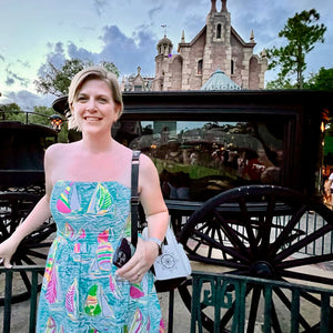 Julie in front of the Haunted Mansion hearse