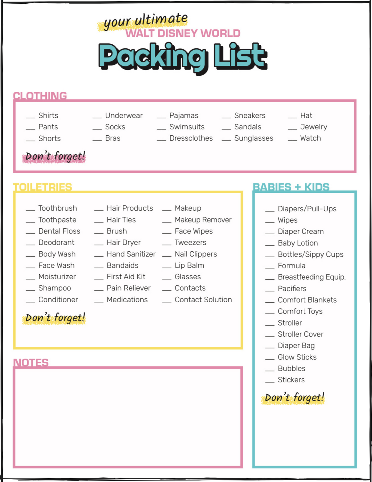 Disney Packing Checklist Printable